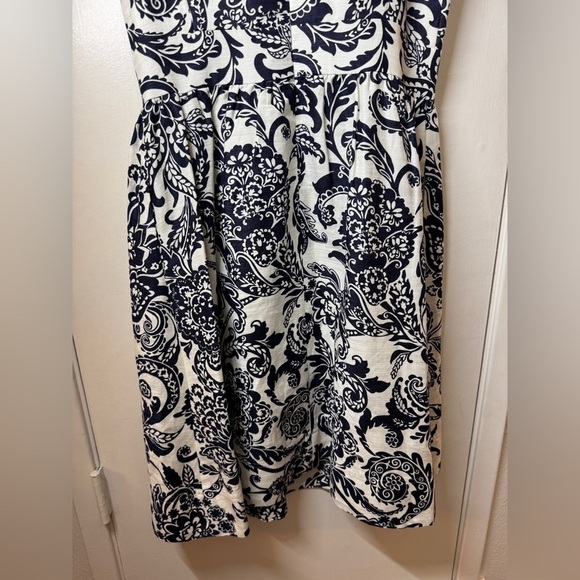 Eliza J Floral Beaded Neckline Dark Navy Blue White Linen Blend Mini Dress M - Picture 14 of 17